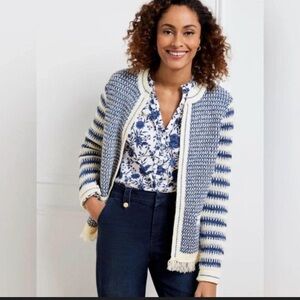 TALBOTS Jacket Cardigan Women’s M Blue White Textured Fringe Stripes Preppy